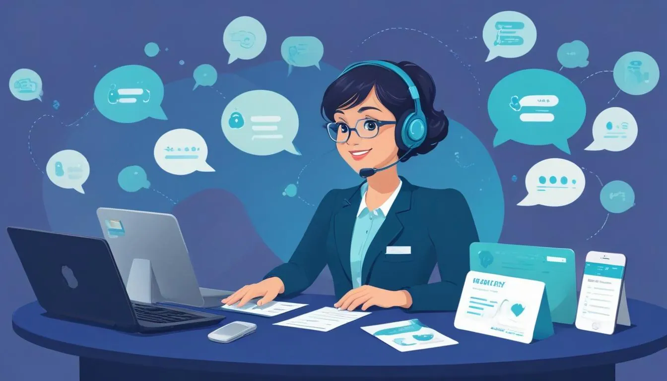 Atendente de help desk omnichannel com balões de chat e chamados com etiquetas de prioridade